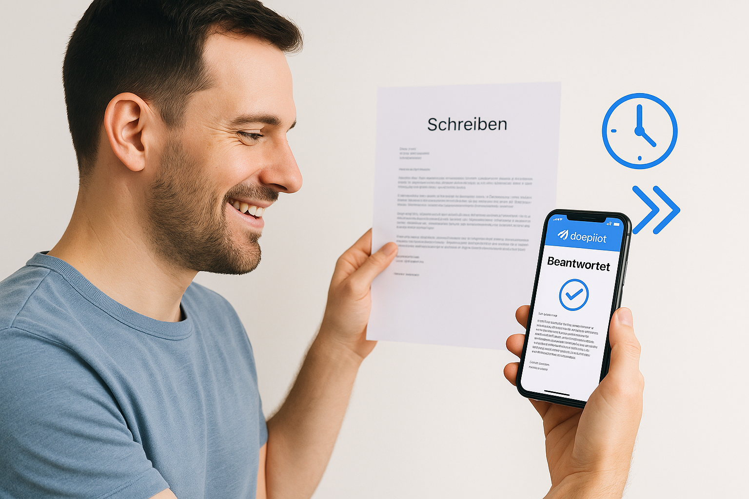 Mann hält ein Schreiben und Smartphone mit DocPilot-App, Symbol für Zeitersparnis